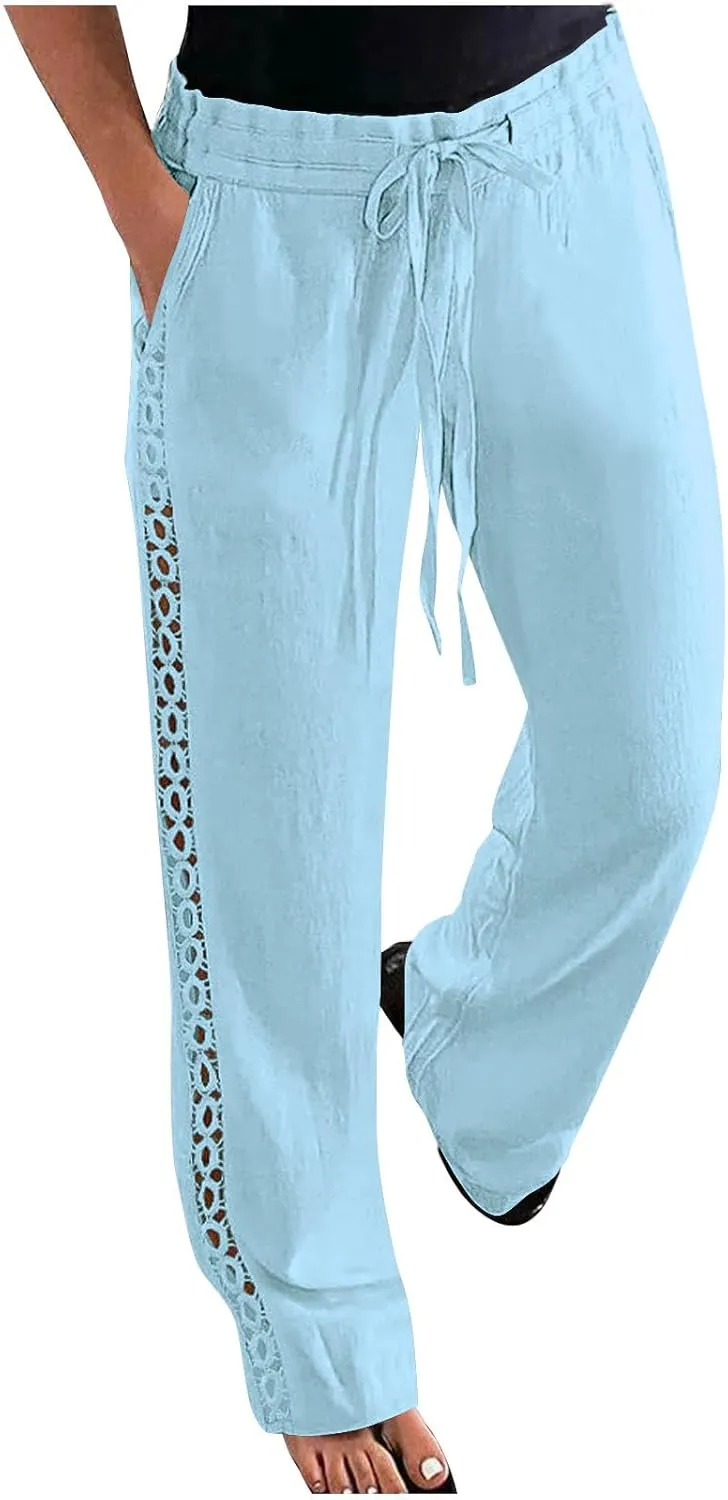 SHOPESSA Linen Pants Women 2025 Summer Hollow Out Side Long Pants Casual Wide Leg Palazzo Pants with Pockets