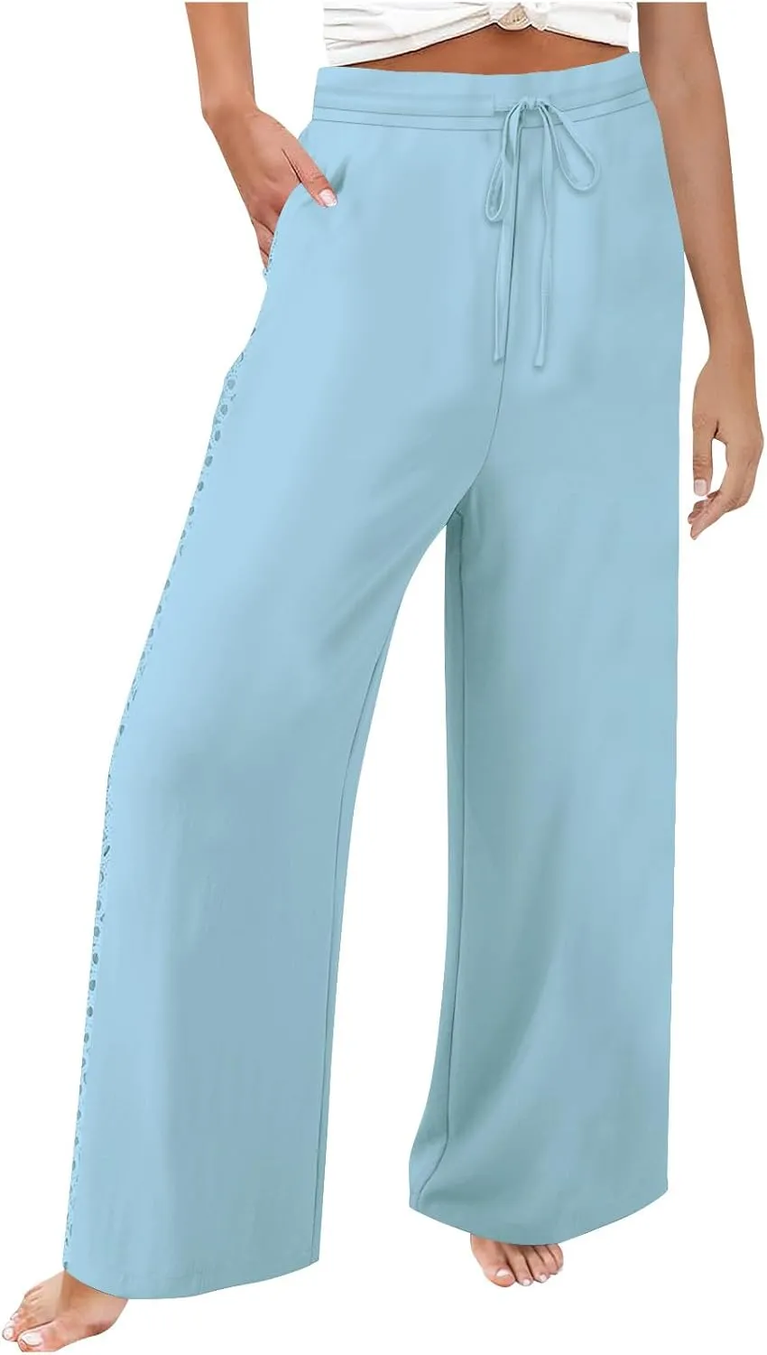 SHOPESSA Linen Pants Women 2025 Summer Hollow Out Side Long Pants Casual Wide Leg Palazzo Pants with Pockets