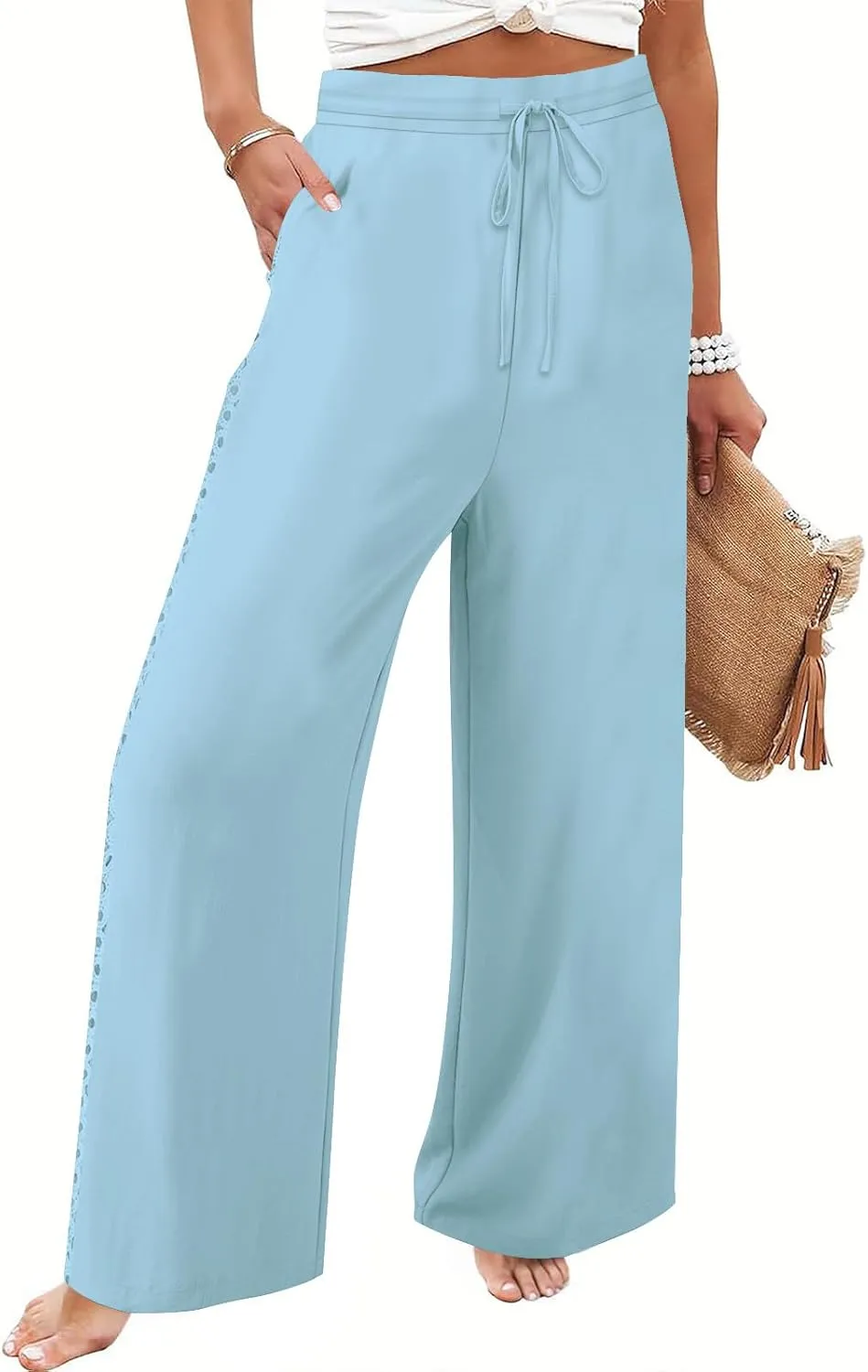 SHOPESSA Linen Pants Women 2025 Summer Hollow Out Side Long Pants Casual Wide Leg Palazzo Pants with Pockets