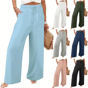 SHOPESSA Linen Pants Women 2025 Summer Hollow Out Side Long Pants Casual Wide Leg Palazzo Pants with Pockets
