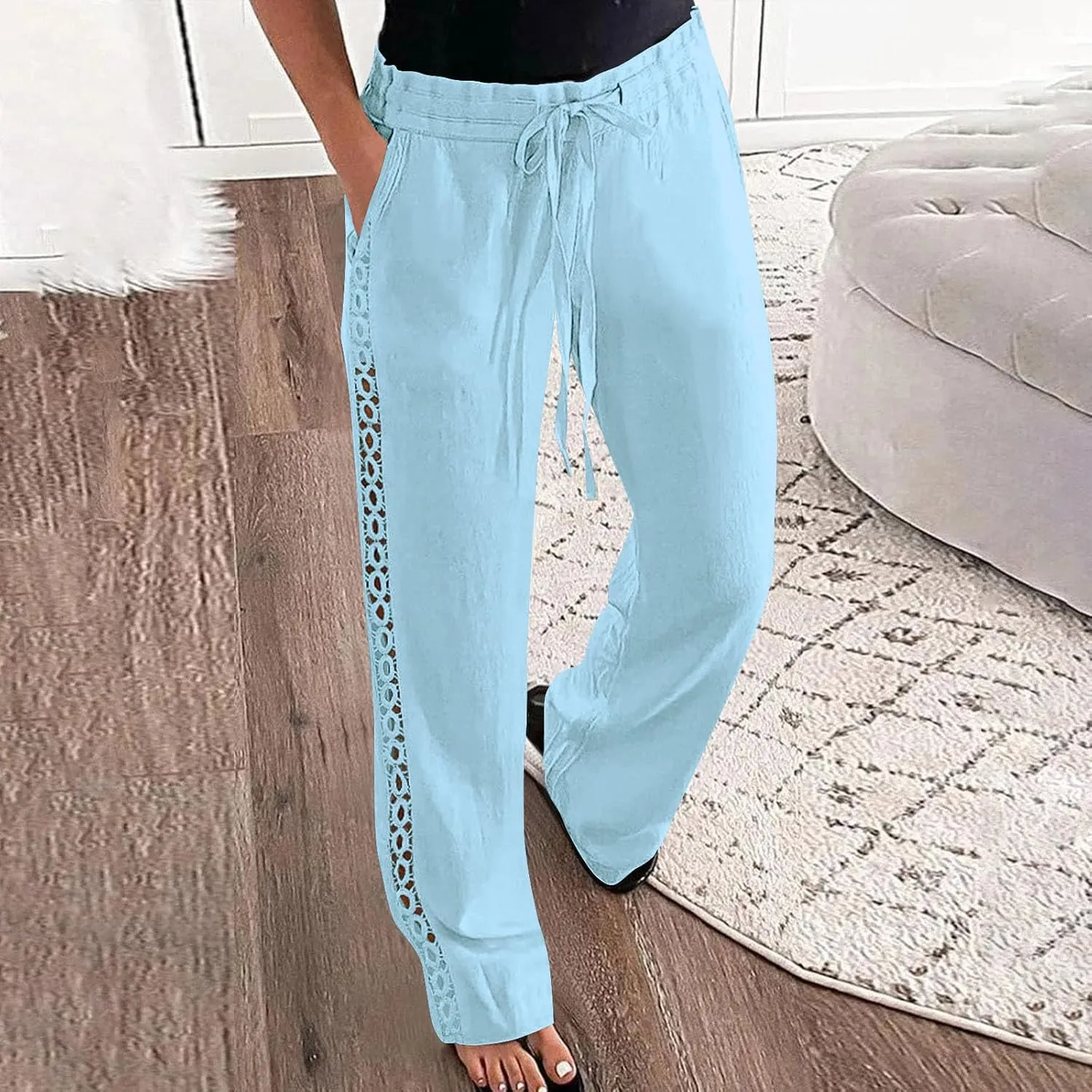SHOPESSA Linen Pants Women 2025 Summer Hollow Out Side Long Pants Casual Wide Leg Palazzo Pants with Pockets