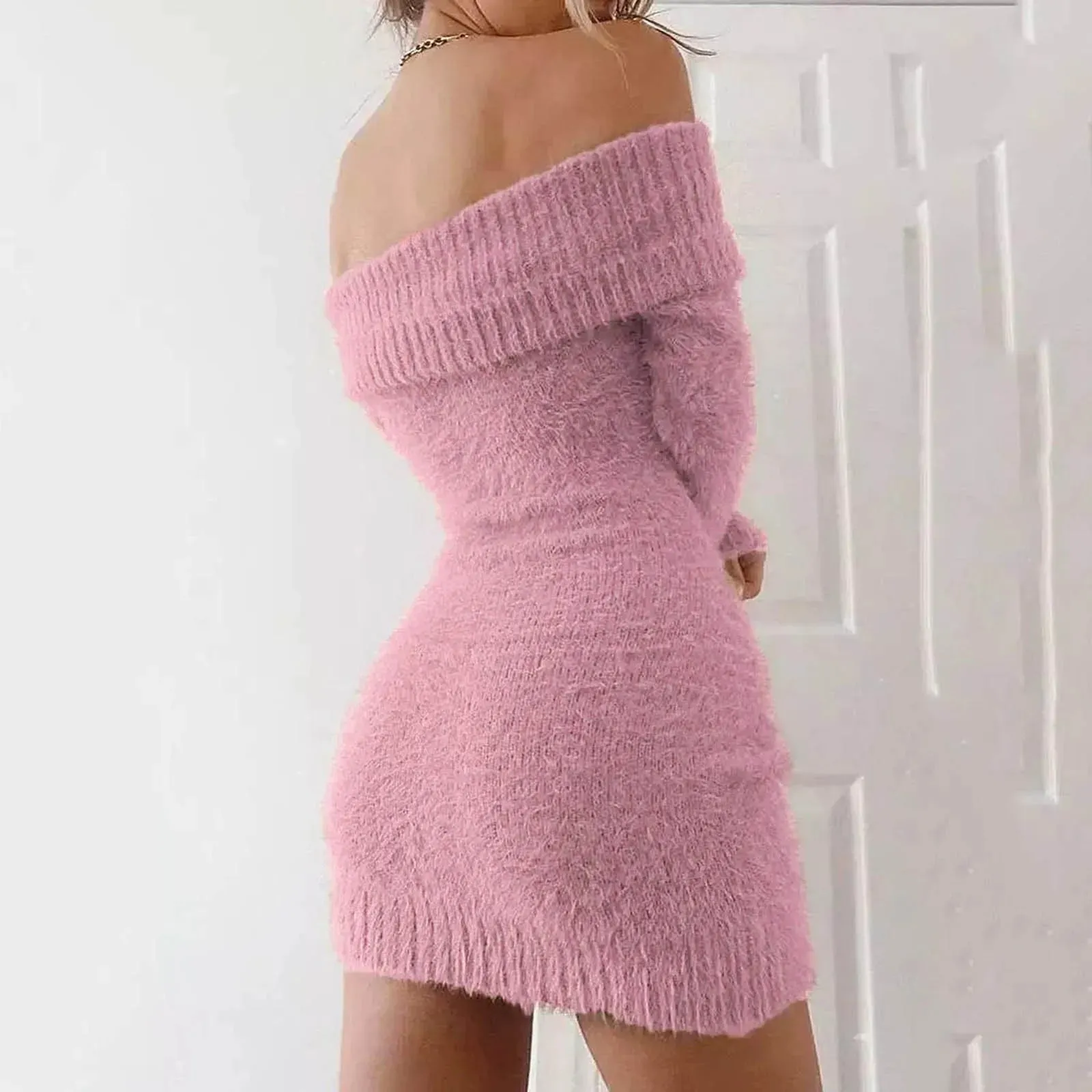 Shoulder Red Sexy French Knitted Long Sleeve Y2k Vintage Slim Winter Casual Off Dress