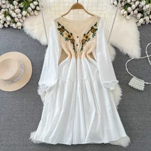 Spring and Autumn Fairy Sweet Bubble Long Sleeved V Neck Hollow A Line Dress 1336