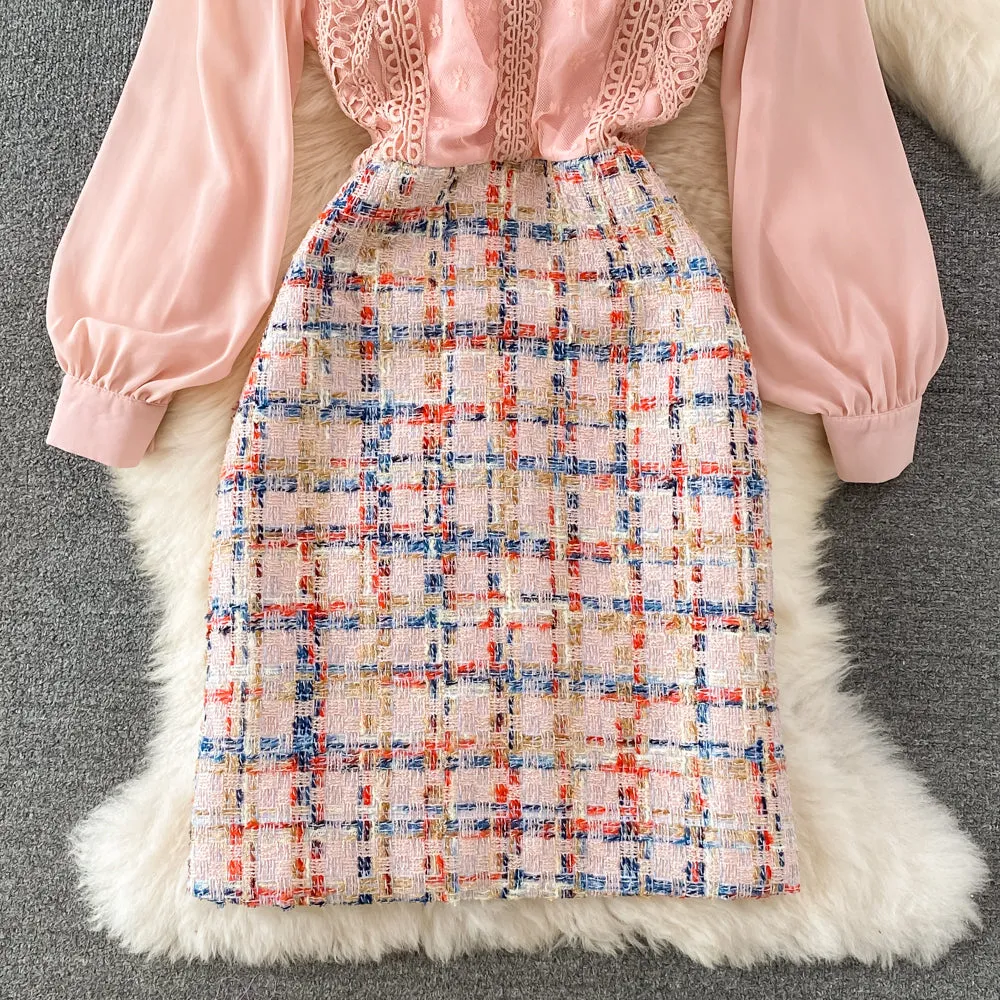 Spring and Autumn Retro Round Neck Pink Lace Chiffon Wool Dress 492