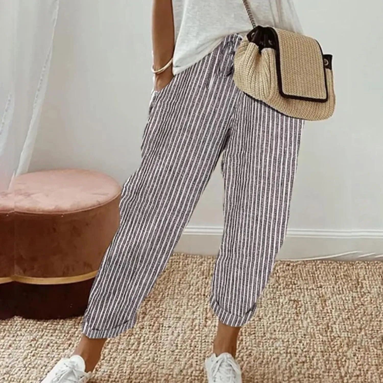 Striped Linen Pants Women Casual High Waisted Wide Leg Cropped Pants Summer Boho Gauze Capri Pant with Pockets