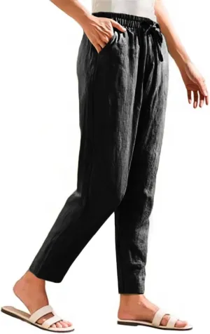 Summer Beach Linen Drawstring Pants Women Petite Lightweight Loose Fit Elastic Waist Cropped Pants with Pockets