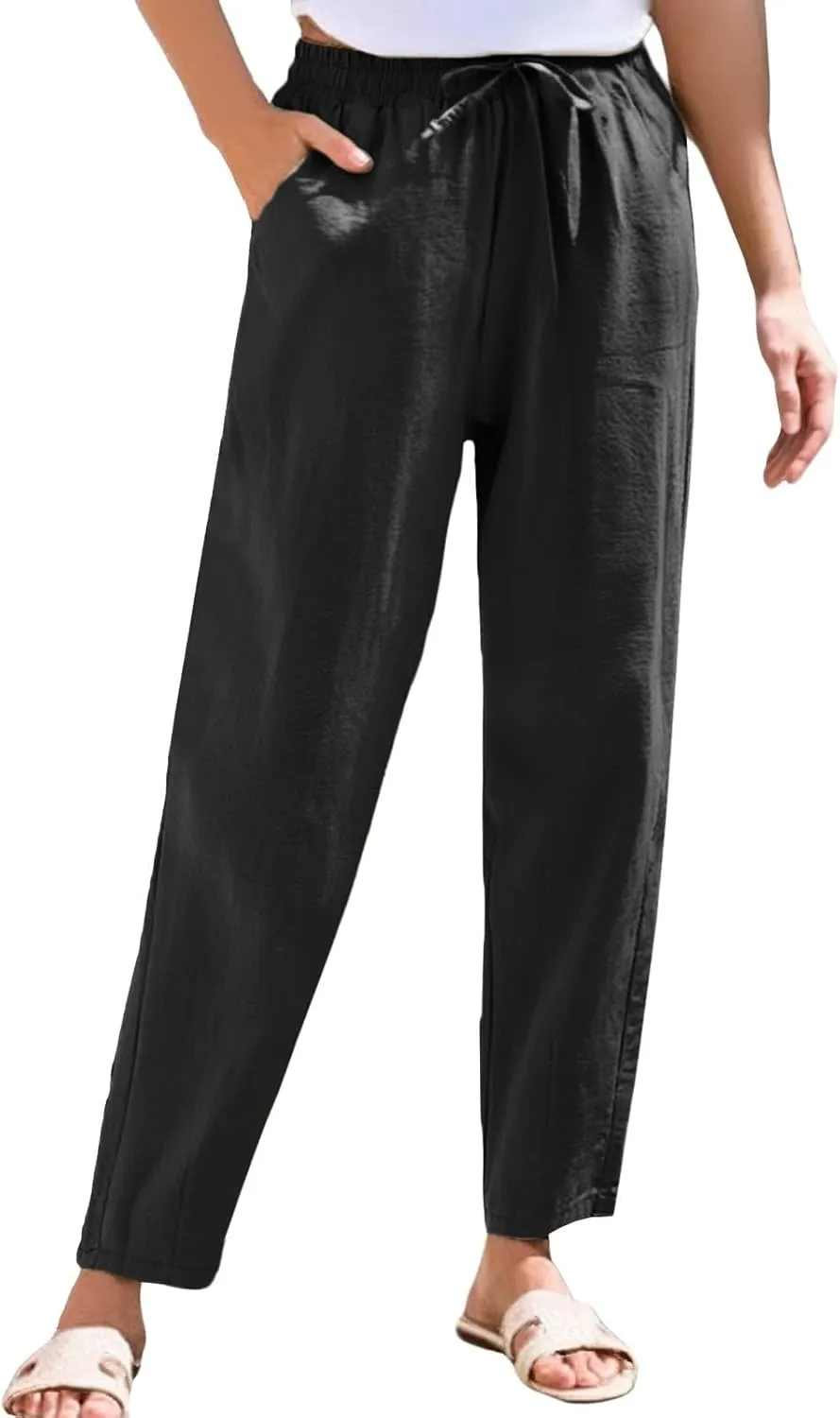 Summer Beach Linen Drawstring Pants Women Petite Lightweight Loose Fit Elastic Waist Cropped Pants with Pockets