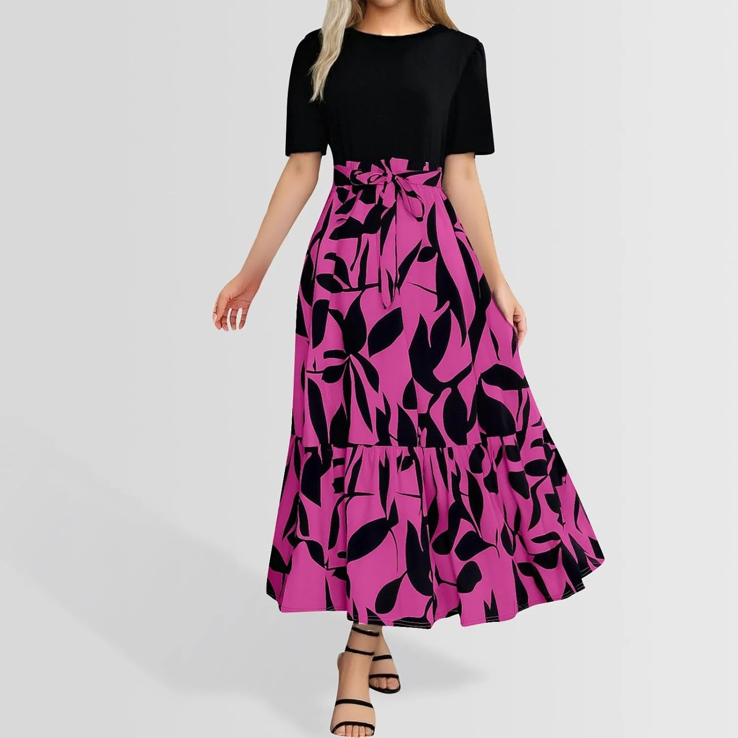 Summer Dresses for Women 2025 Floral Boho Wrap Short Sleeve Maxi Dress Patchwork Ruffle Hem A Line Vacation Dresses