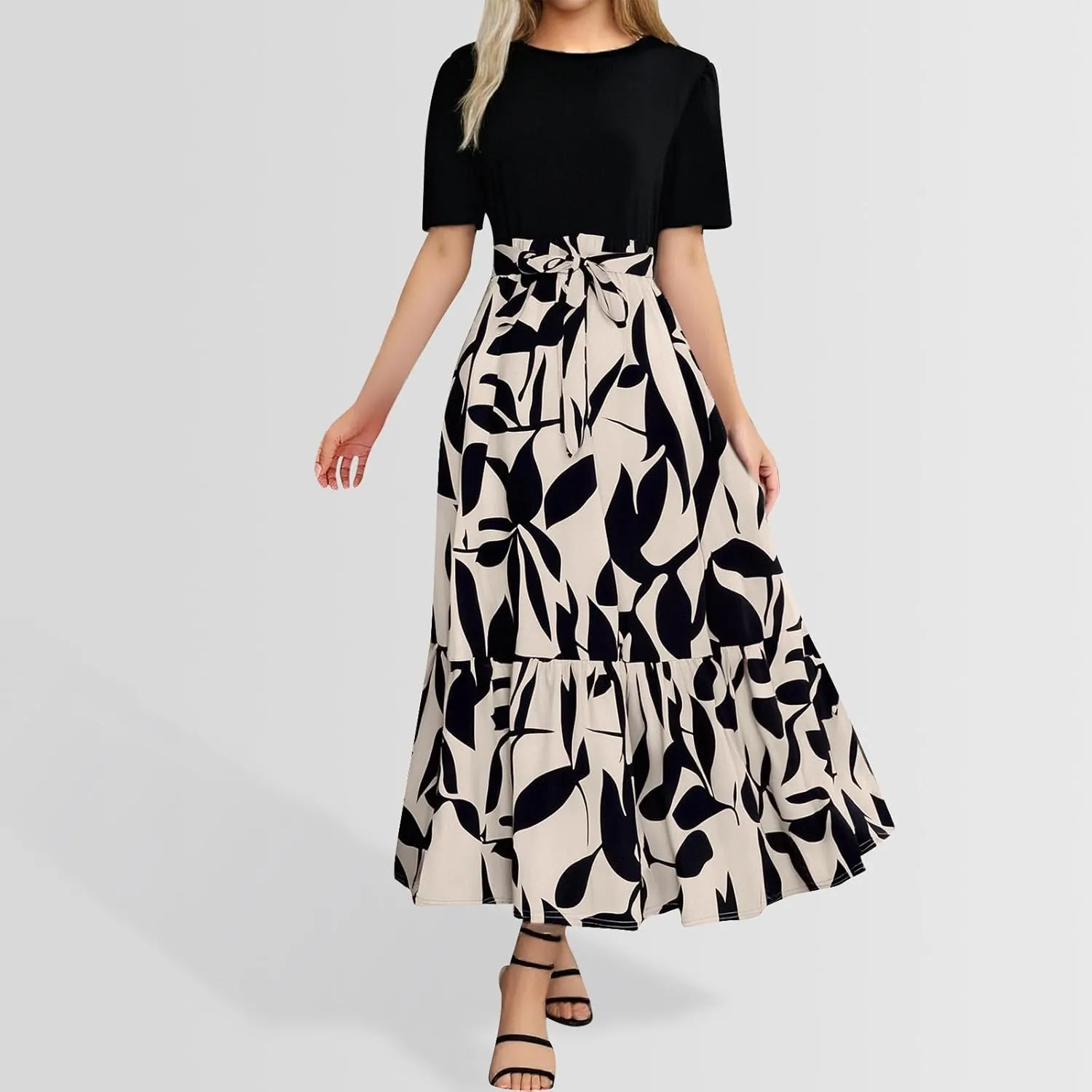 Summer Dresses for Women 2025 Floral Boho Wrap Short Sleeve Maxi Dress Patchwork Ruffle Hem A Line Vacation Dresses