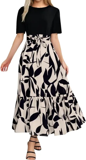 Summer Dresses for Women 2025 Floral Boho Wrap Short Sleeve Maxi Dress Patchwork Ruffle Hem A Line Vacation Dresses
