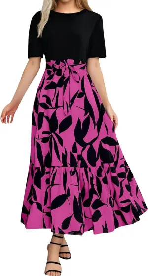 Summer Dresses for Women 2025 Floral Boho Wrap Short Sleeve Maxi Dress Patchwork Ruffle Hem A Line Vacation Dresses