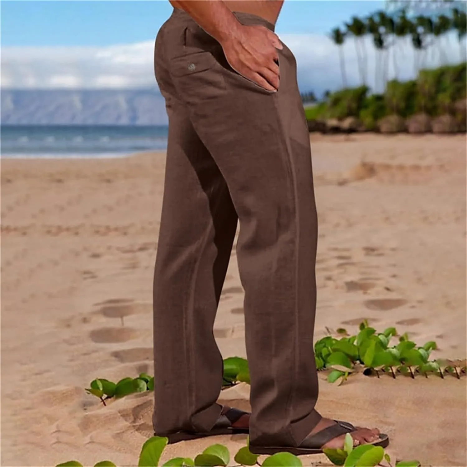 Summer Linen Dressy Pants for Mens Casual Solid Color Business Trousers Lightweight Wide Leg Cargo Sweatpants with Pockets