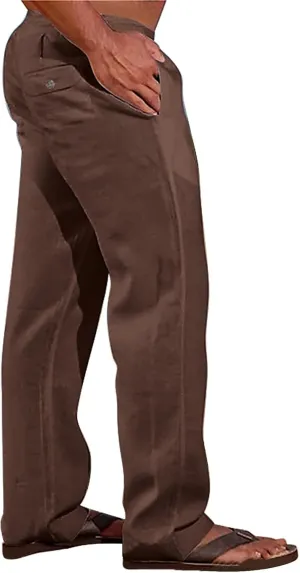 Summer Linen Dressy Pants for Mens Casual Solid Color Business Trousers Lightweight Wide Leg Cargo Sweatpants with Pockets