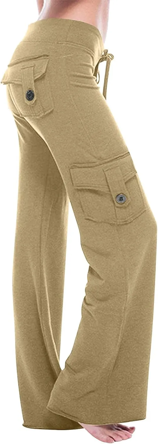 Sweatpants for Women Wide Leg Cargo Pants High Rise Yoga Leggings with Pockets Plus Size Y2K Drawstring Straight Leg Pants