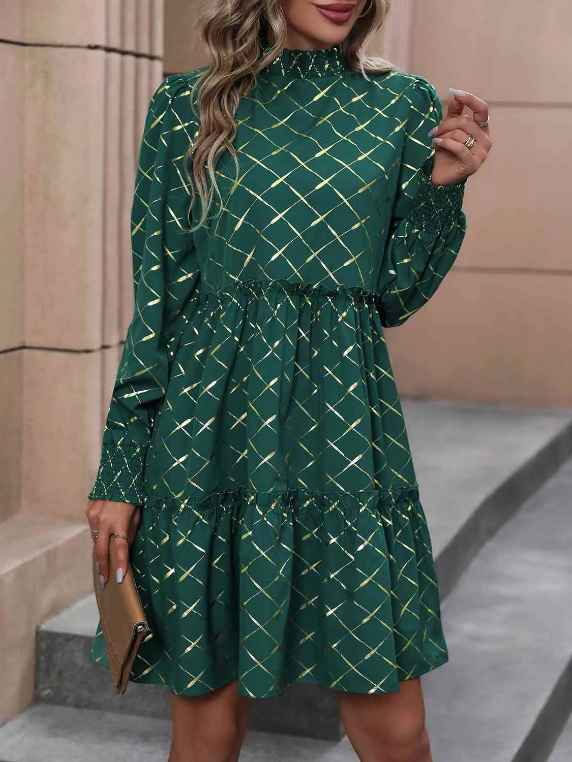 TastyHottie - Mock Neck Frill Trim Long Sleeve Mini Dress