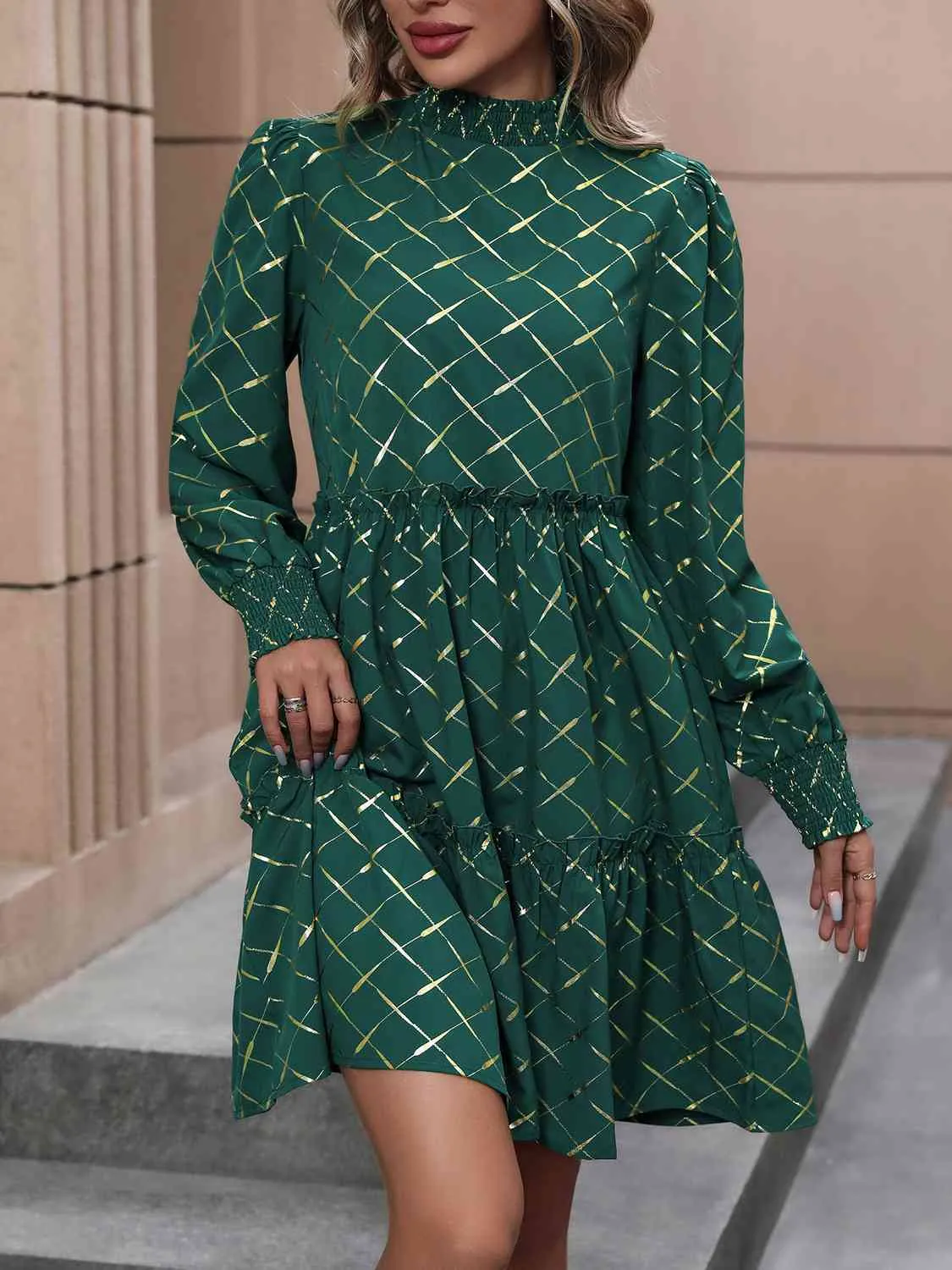 TastyHottie - Mock Neck Frill Trim Long Sleeve Mini Dress
