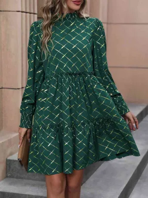 TastyHottie - Mock Neck Frill Trim Long Sleeve Mini Dress