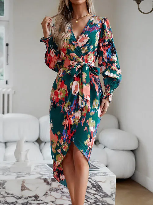 TastyHottie - Printed Tie Front Lantern Sleeve Dress