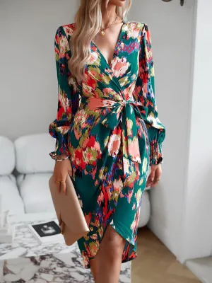 TastyHottie - Printed Tie Front Lantern Sleeve Dress