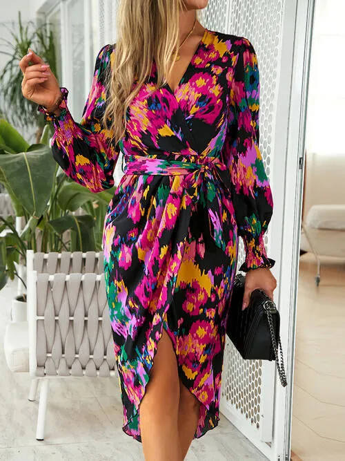 TastyHottie - Printed Tie Front Lantern Sleeve Dress