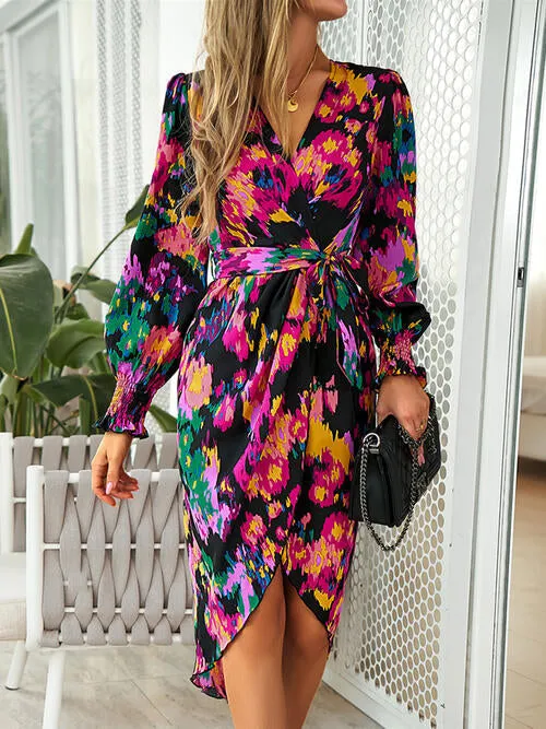 TastyHottie - Printed Tie Front Lantern Sleeve Dress