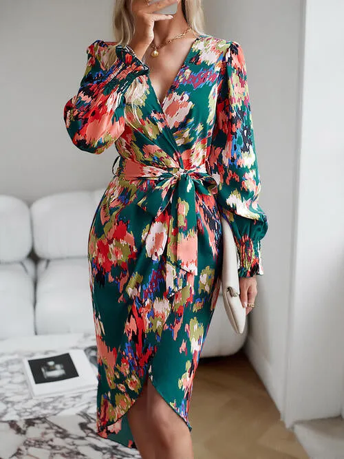TastyHottie - Printed Tie Front Lantern Sleeve Dress