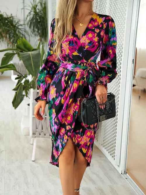 TastyHottie - Printed Tie Front Lantern Sleeve Dress