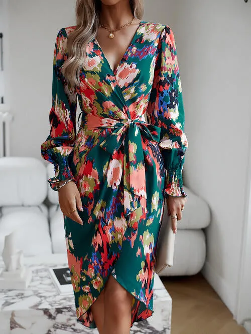 TastyHottie - Printed Tie Front Lantern Sleeve Dress