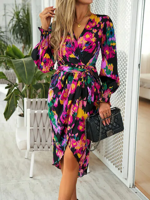 TastyHottie - Printed Tie Front Lantern Sleeve Dress