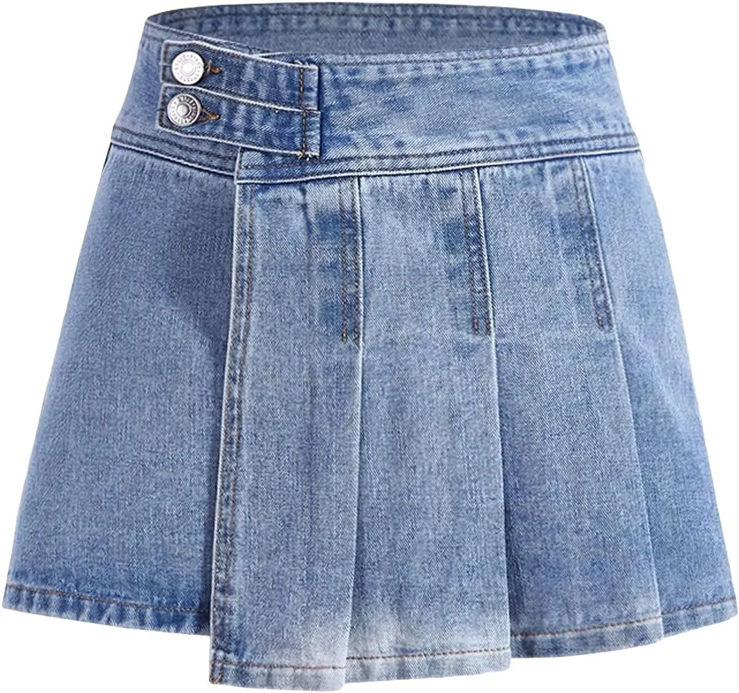 WDIRARA Women's Pleated High Waist Button Front Skort Summer Denim Shorts