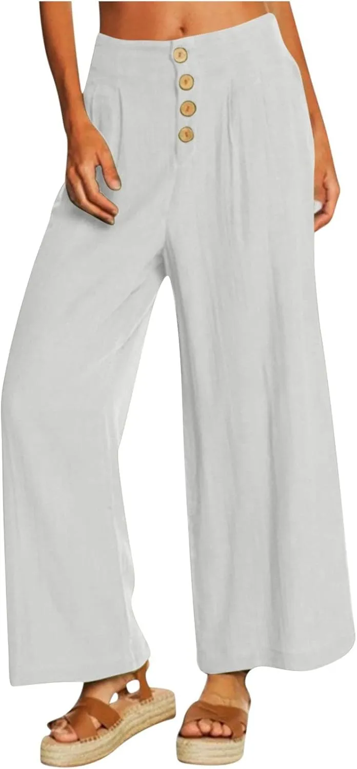 Wide Leg Linen Pants for Women Cotton Elastic Waisted Casual Loose Baggy Flowy Lounge Trousers with Pockets