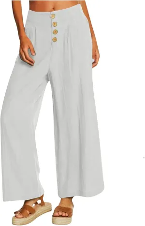 Wide Leg Linen Pants for Women Cotton Elastic Waisted Casual Loose Baggy Flowy Lounge Trousers with Pockets