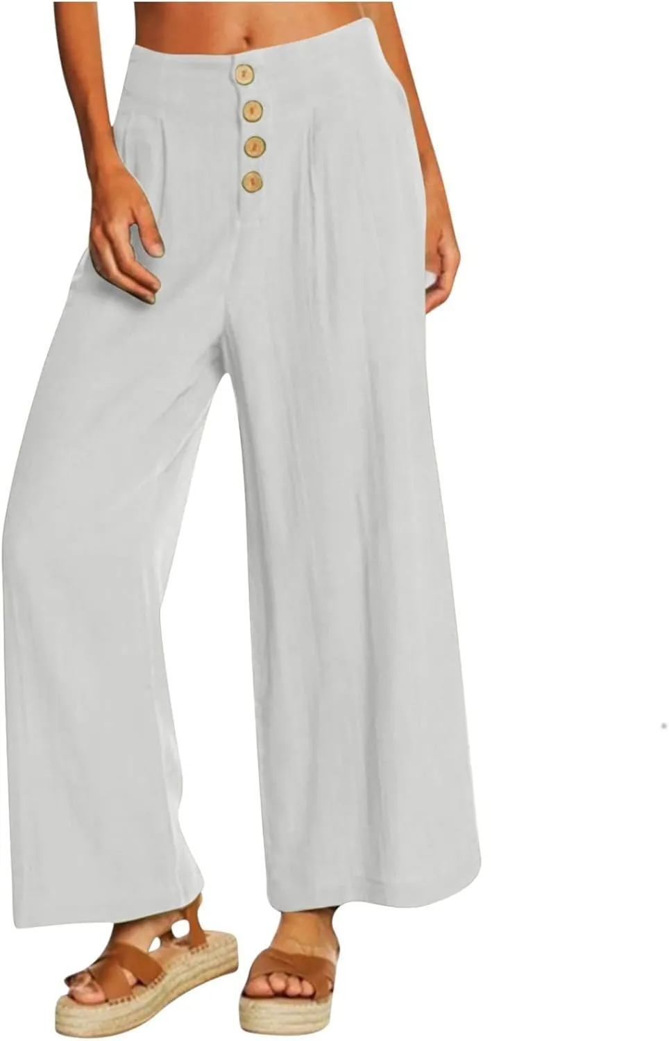 Wide Leg Linen Pants for Women Cotton Elastic Waisted Casual Loose Baggy Flowy Lounge Trousers with Pockets
