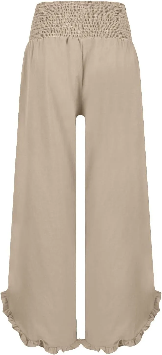 Wide Leg Linen Pants Womens Smocked High Waisted Ruffle Hem Palazzo Pants 2025 Summer Boho Beach Travel Vacation Pant