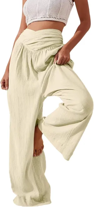 Wide Leg Palazzo Pants for Women Cotton Linen Crossover High Waisst Dressy Trousers with Pockets Lightweight Loose Yoga Pants