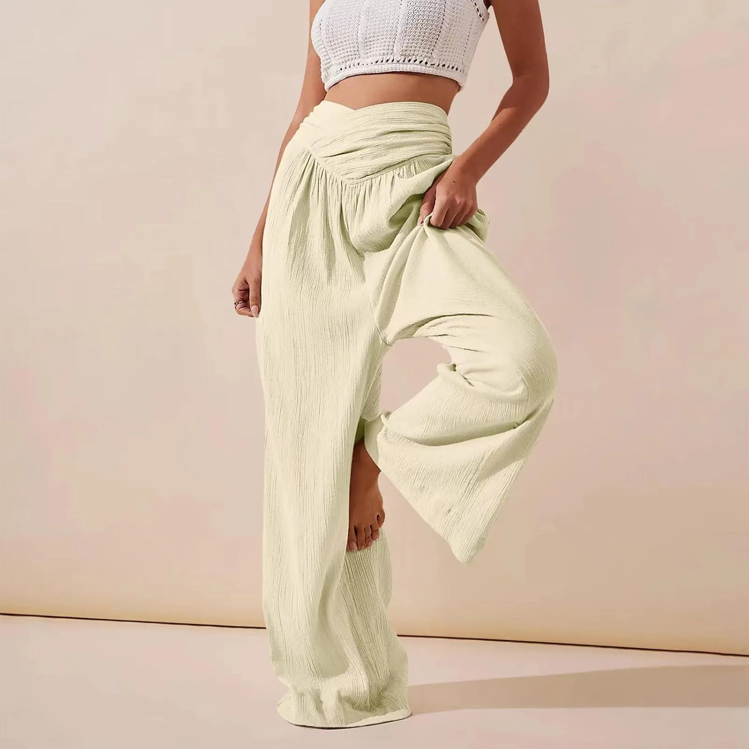 Wide Leg Palazzo Pants for Women Cotton Linen Crossover High Waisst Dressy Trousers with Pockets Lightweight Loose Yoga Pants