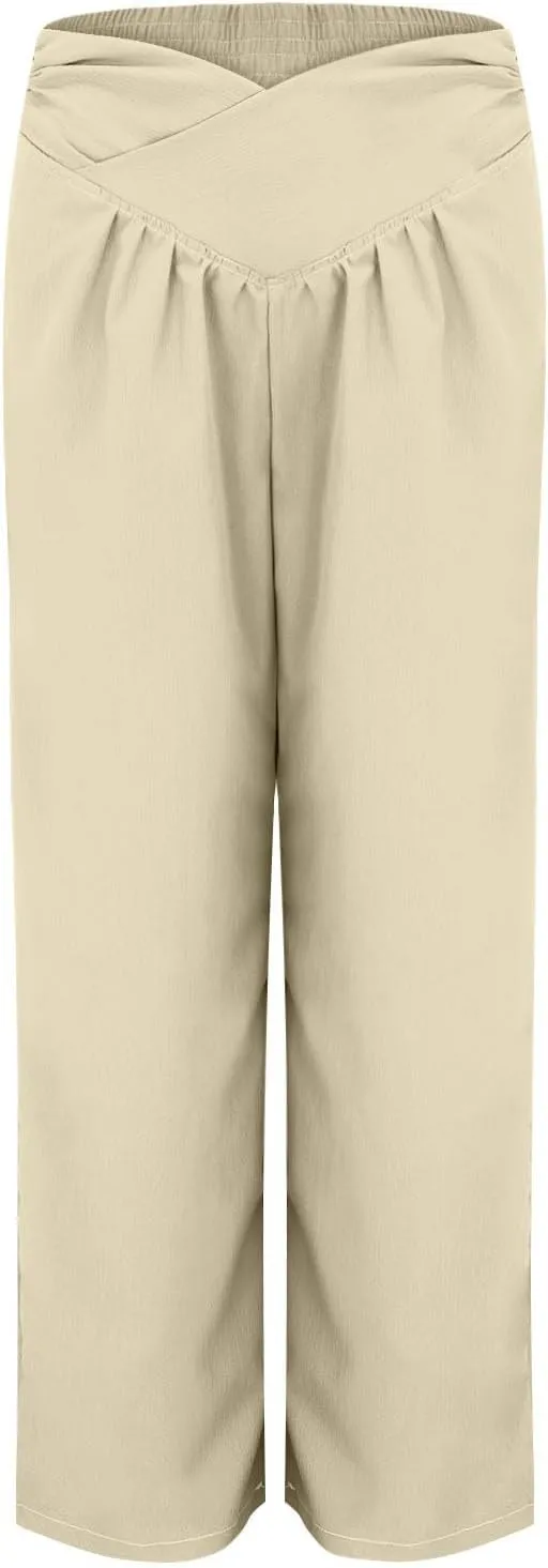 Wide Leg Palazzo Pants for Women Cotton Linen Crossover High Waisst Dressy Trousers with Pockets Lightweight Loose Yoga Pants