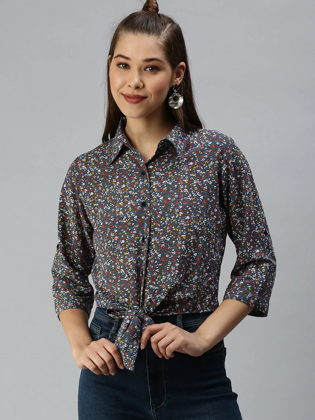Women Blue Floral Print Shirt Style Crop Top