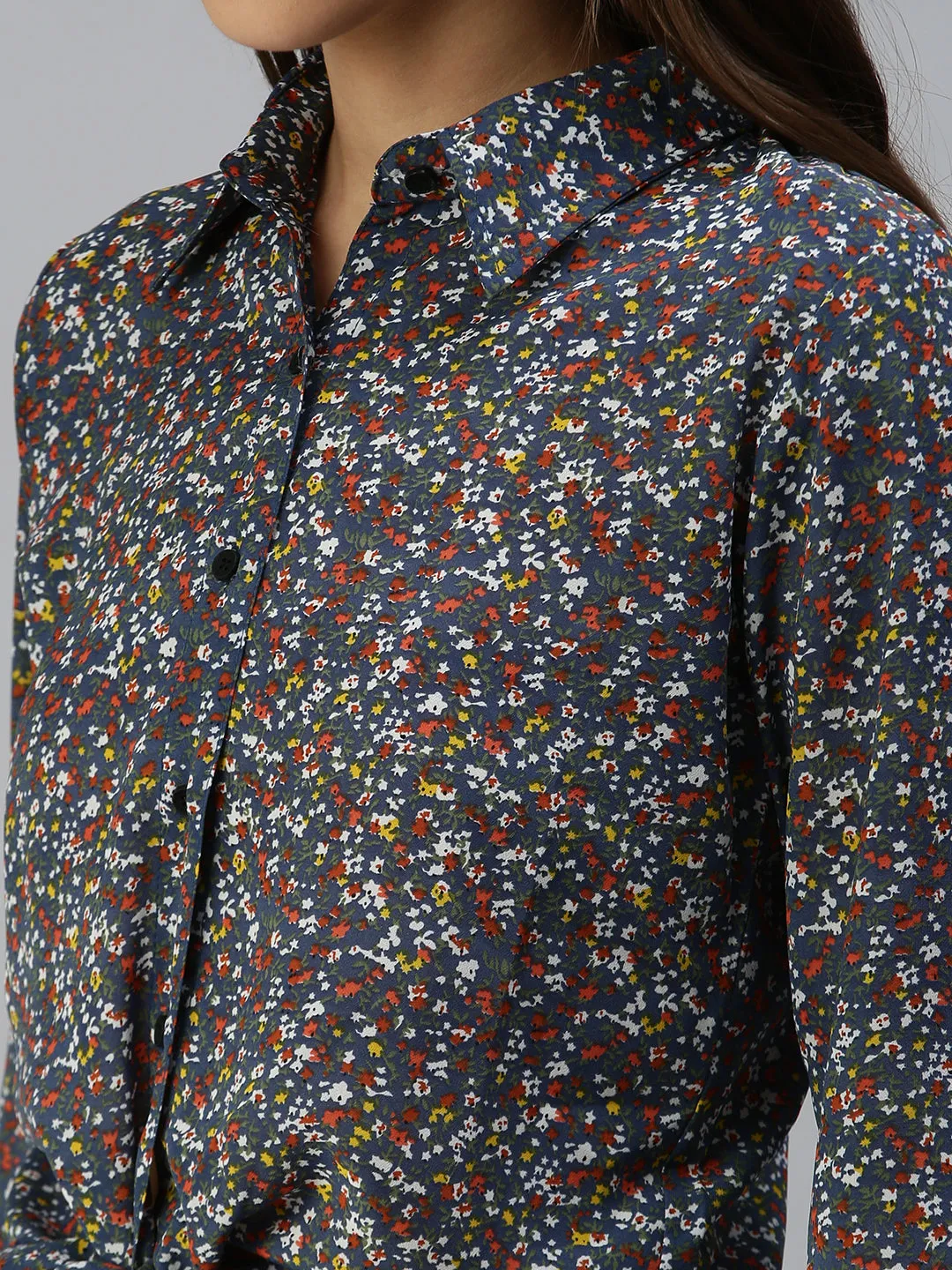 Women Blue Floral Print Shirt Style Crop Top