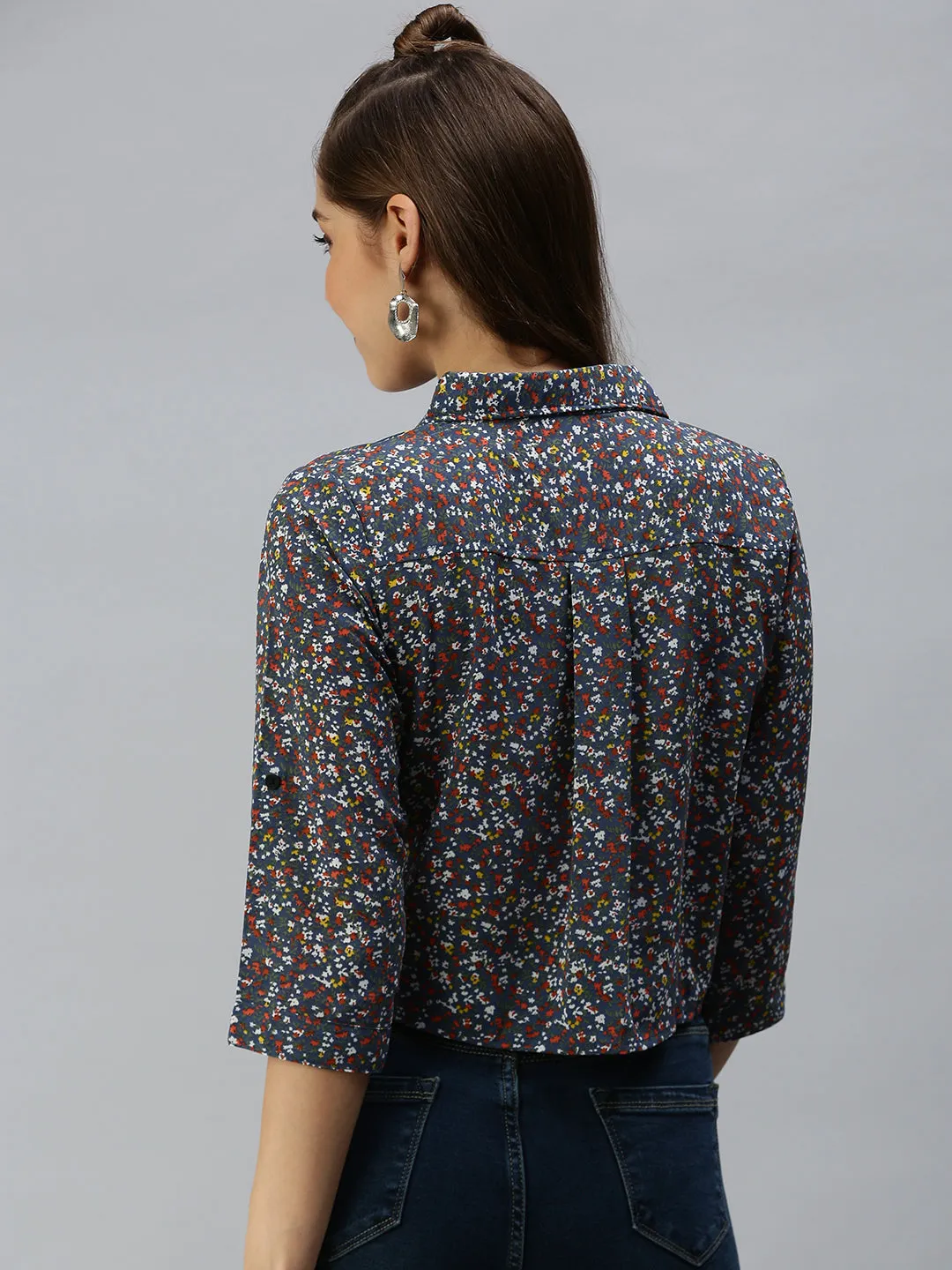 Women Blue Floral Print Shirt Style Crop Top