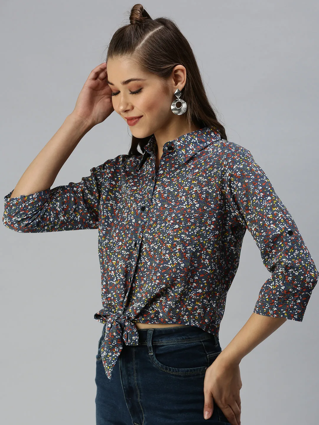 Women Blue Floral Print Shirt Style Crop Top