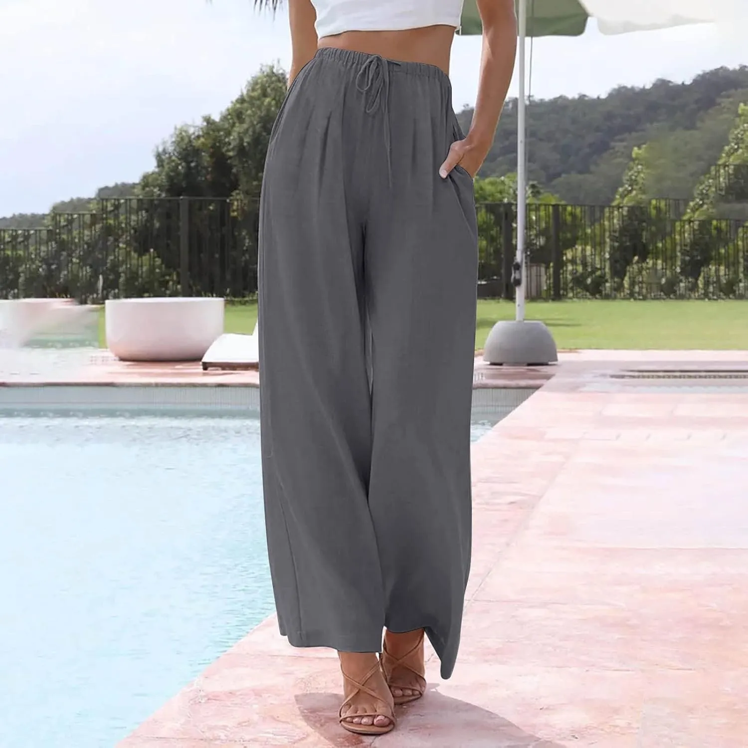 Women Casual Linen Pants Wide Leg Casual Palazzo Pants Cotton Linen Lounge Beach Summer Pants with Pockets