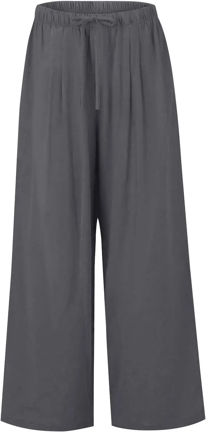 Women Casual Linen Pants Wide Leg Casual Palazzo Pants Cotton Linen Lounge Beach Summer Pants with Pockets
