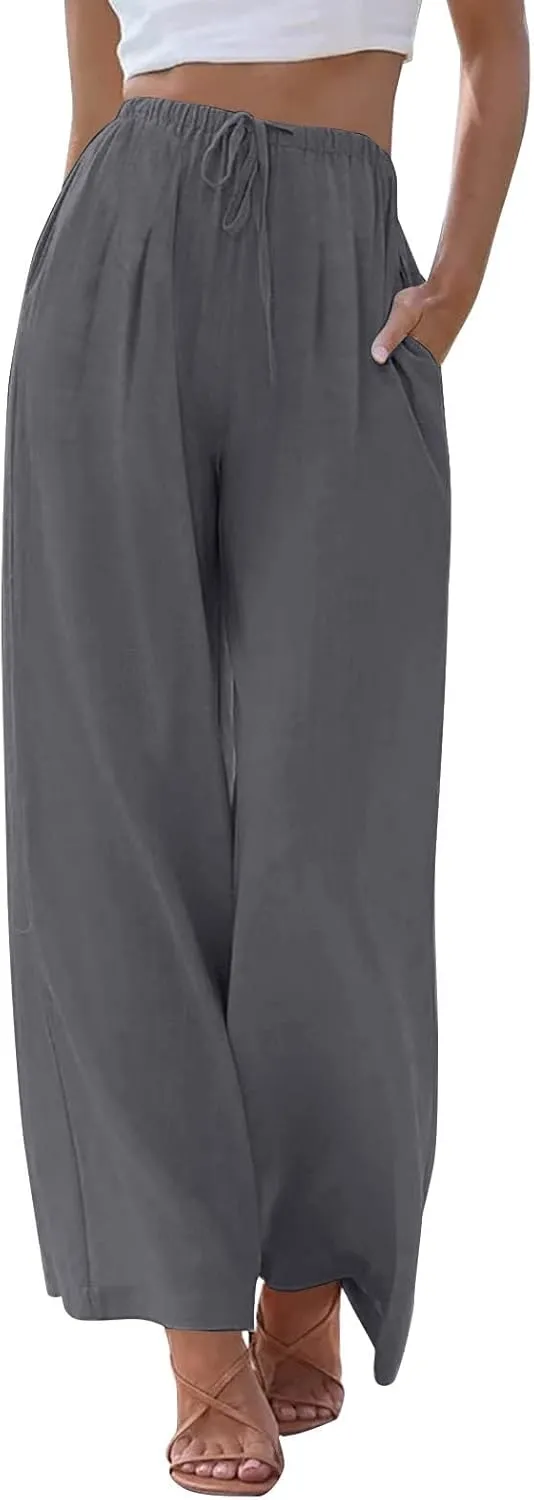 Women Casual Linen Pants Wide Leg Casual Palazzo Pants Cotton Linen Lounge Beach Summer Pants with Pockets