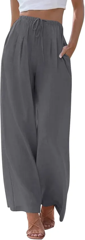 Women Casual Linen Pants Wide Leg Casual Palazzo Pants Cotton Linen Lounge Beach Summer Pants with Pockets