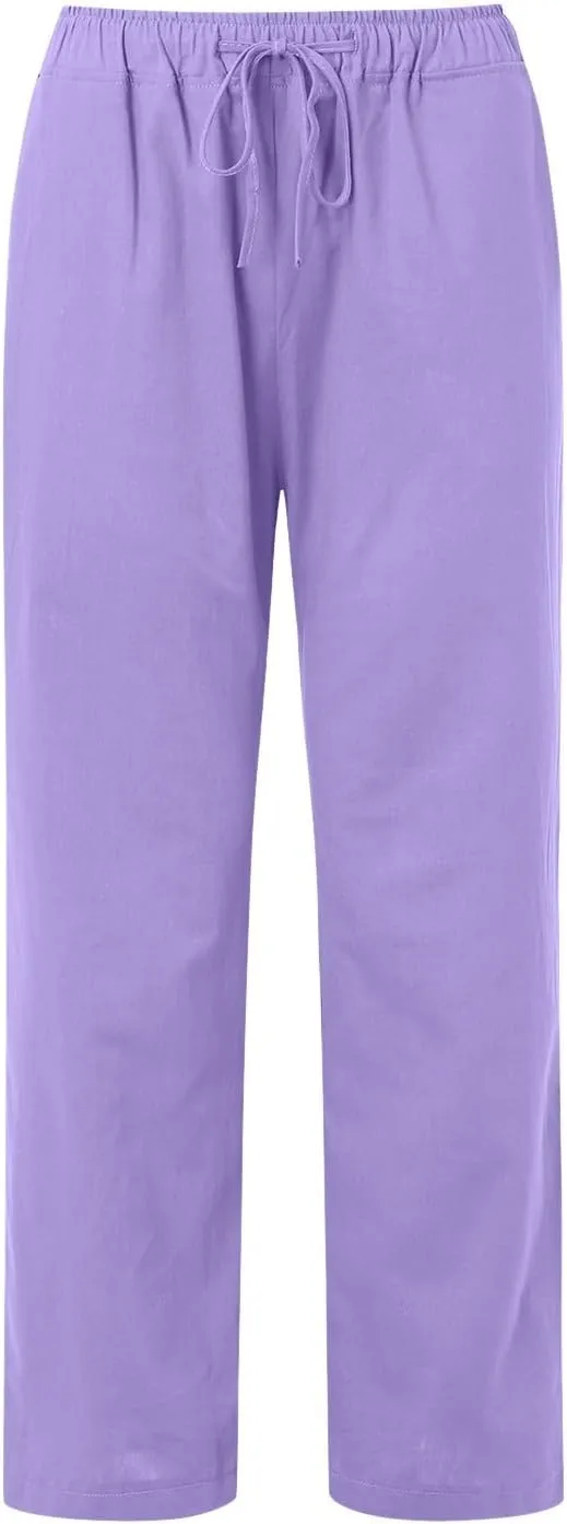 Women Cotton Linen Summer Baggy Palazzo Pants Elastic Waist Baggy Stretchy Loose Fit Trouser Beach