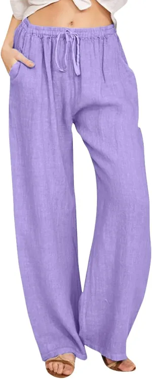 Women Cotton Linen Summer Baggy Palazzo Pants Elastic Waist Baggy Stretchy Loose Fit Trouser Beach