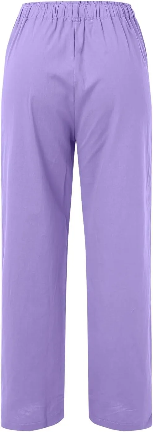 Women Cotton Linen Summer Baggy Palazzo Pants Elastic Waist Baggy Stretchy Loose Fit Trouser Beach