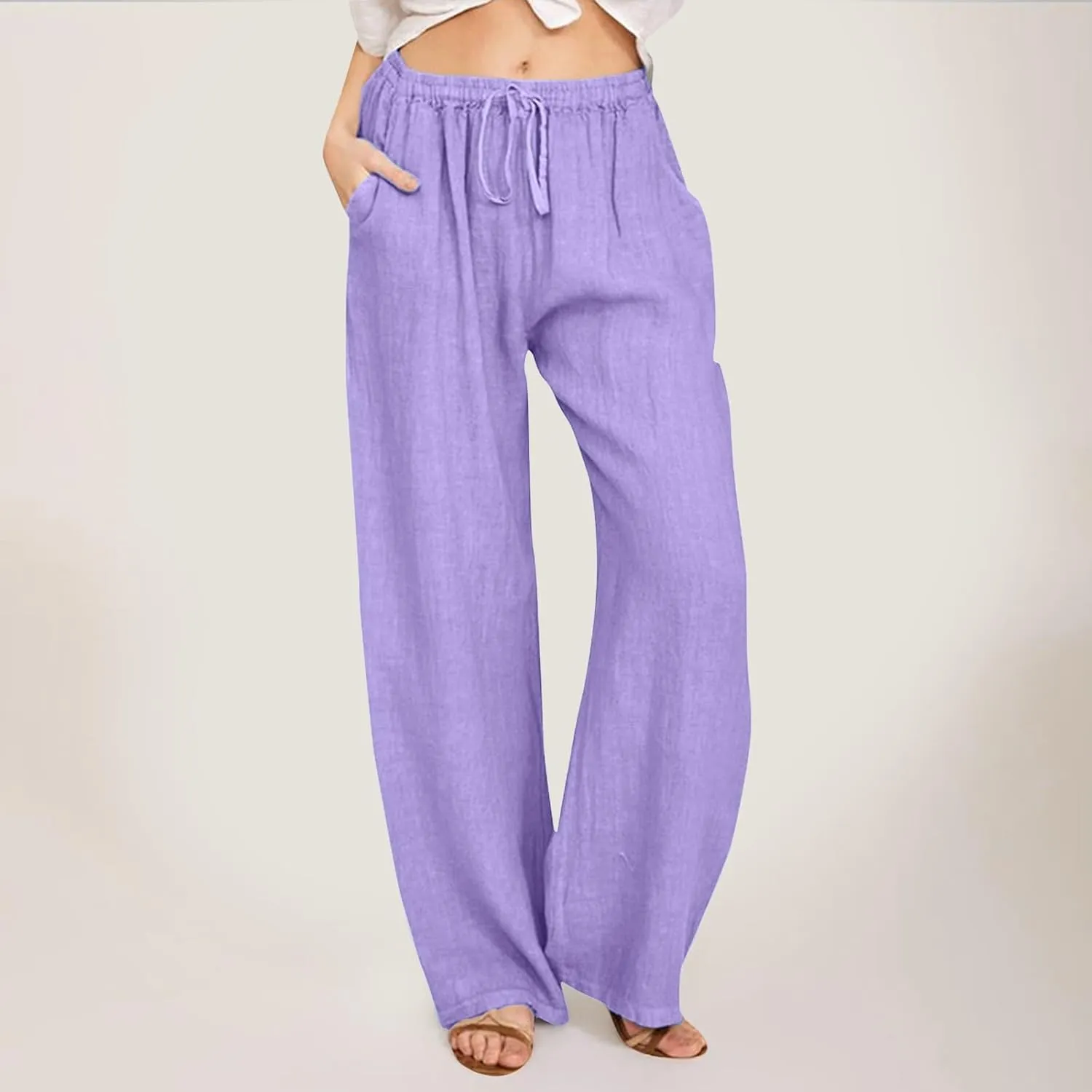 Women Cotton Linen Summer Baggy Palazzo Pants Elastic Waist Baggy Stretchy Loose Fit Trouser Beach