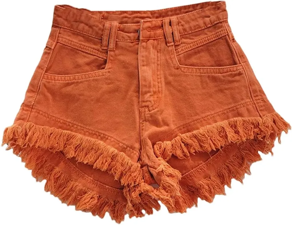 Women Denim Hot Pants Summer All-Match Ins Fashion Wide-Leg Ripped Tassel Shorts